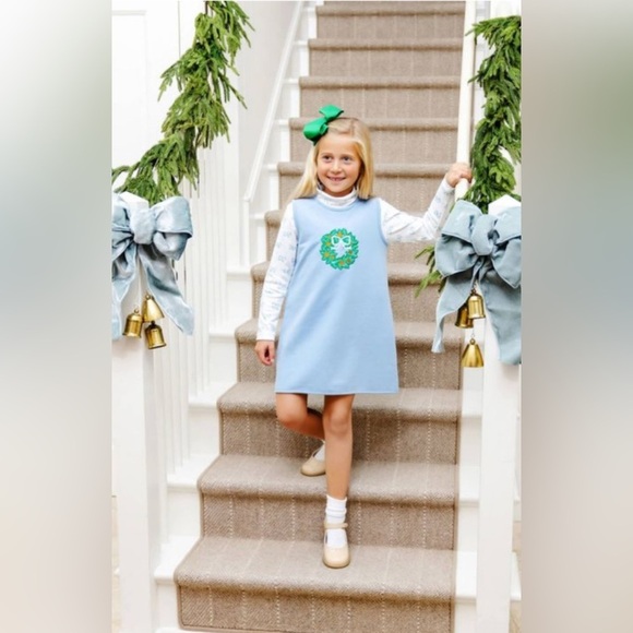 The Beaufort Bonnet Co Annie Apron Shift Dress Blue Wreath Pearl Bow 12 NWT - Picture 7 of 8